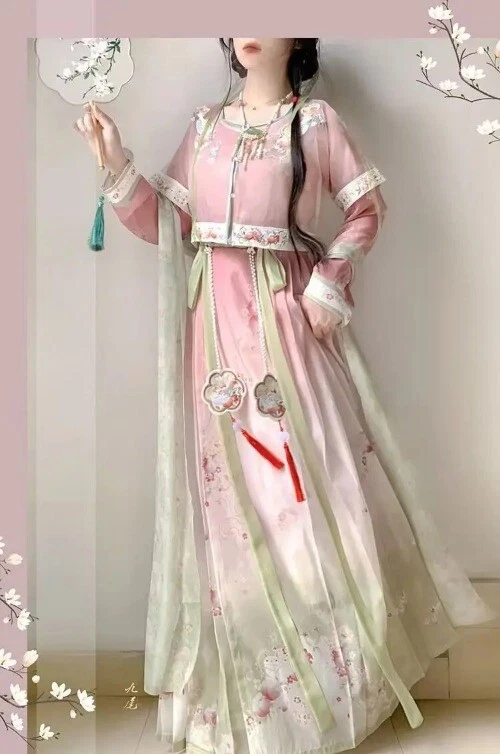 VETEMENTS Abito cinese Hanfu ricamo rosa quotidiano stile carino pezzo unico vestiti abiti
