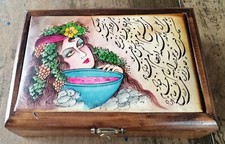 Orientalisch Schmuck Dose Schatulle Holz Indien? Handbemalung Leder Vintage 80er
