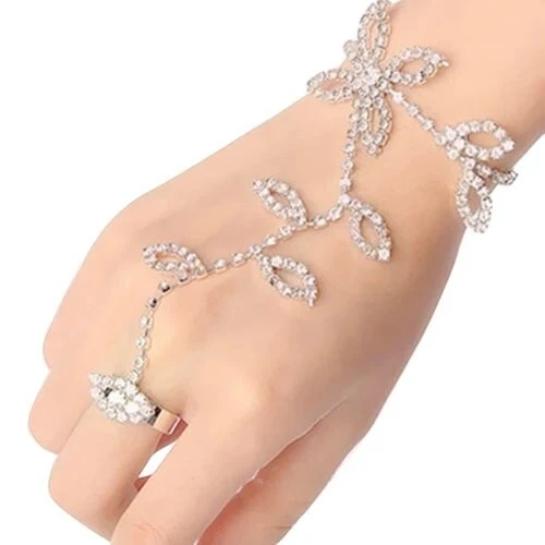 Silver Glitter Rhinestone Hand Harness Bracelet Slave Chain Link