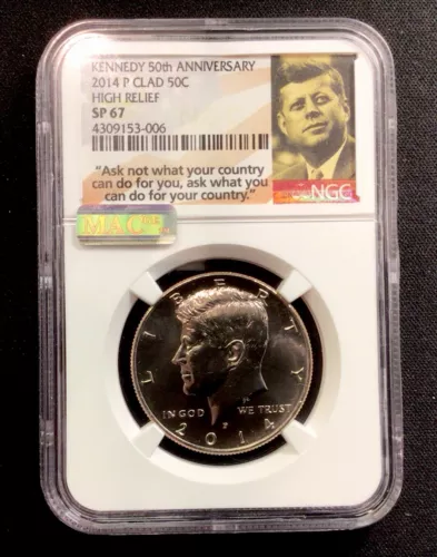 2014 P Clad Kennedy Half Dollar 50th Anniv! High Relief NGC SP67! ENN Coins