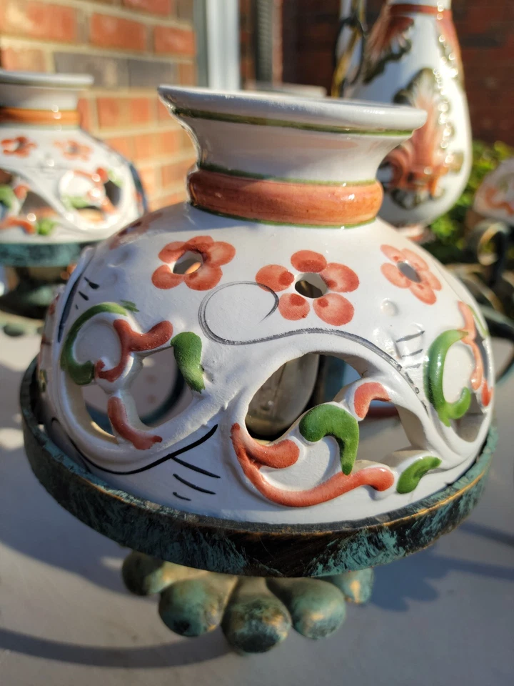 1960's Capodimonte Italian Chandelier 5 Arm Handpainted Pierced Porcelain Shades - Image 3 of 4