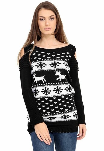 Ladies Christmas Jumper Xmas Reindeer Snowflakes Ruched Womens Cold Shoulder  Top | eBay
