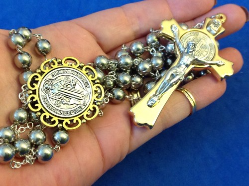 HUGE St BENEDICT ROSARY Stainless Saint Medal Large Crucifix Protection Two Tone - Picture 7 of 7