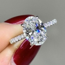 3CTW Oval Cut Moissanite Hidden Halo Women Engagement Ring 14k White Gold Plated