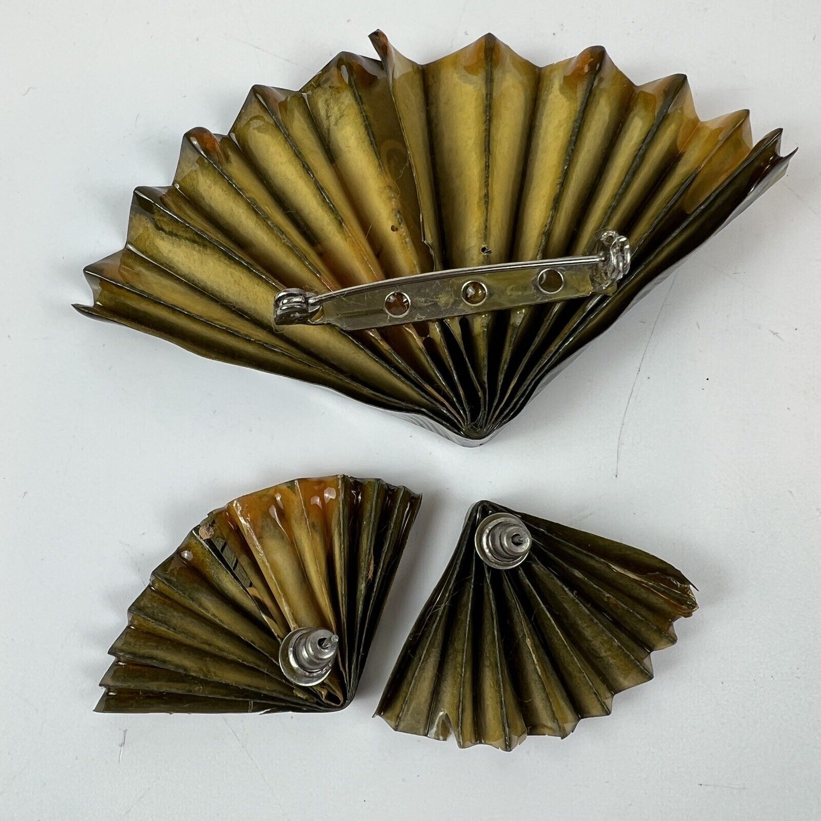 Vtg Earrings & Brooch Set Folded Fan Paper Art Or… - image 4
