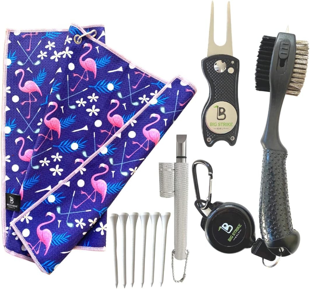 Big strike golf accessories kit | towel, divot tool, club brush, sharpener & tee