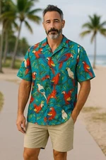 VTG Paradise Found Hawaiian Parrot Print Blue Button Down Shirt. Short Sleeves L