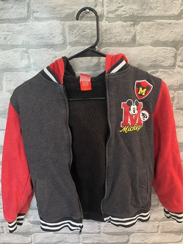Disney Mickey Mouse Letterman Jacket Zip Hoodie Youth Red Black sherpa lined - Picture 18 of 22