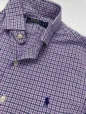 Polo Ralph Lauren Mens Small Poplin Cotton Button Down Shirt Purple Navy Plaid