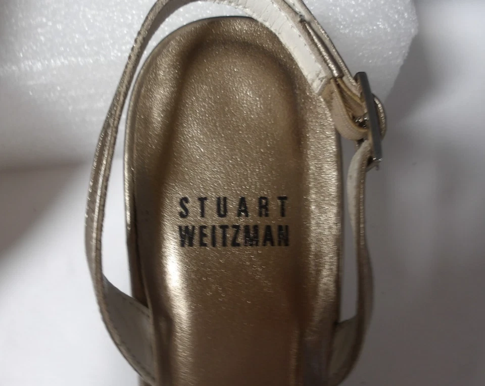 Stuart Weitzman Metálico Dorado Bronce Eslinga Gatito Tacón Arco Estrás 5M Foto 2 de 4