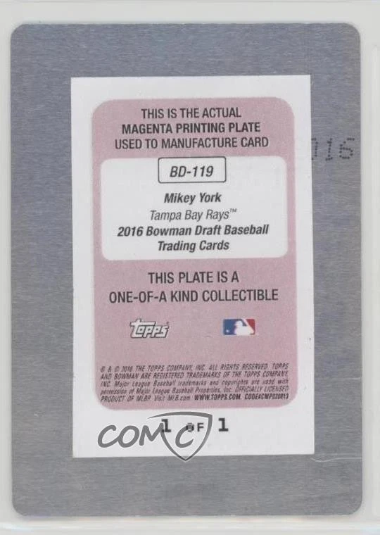 2016 Bowman Draft Draft Picks Printing Plate Magenta 1/1 Mikey York #BD-119 1c1 - Image 2 of 3