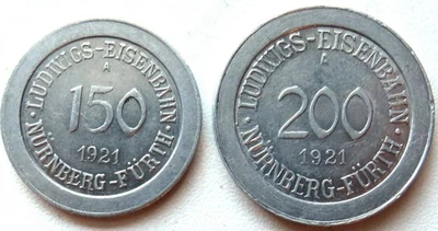 Eisenbahnen 150, 200 Mark 1921 Ludwigs-Eisenbahn Nürnberg-Fürth sehr schö 137808 - Bild 1 von 2