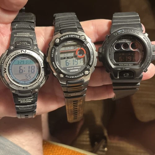 Lot X 3 Vintage Casio Red G Shock Wave Ceptor Compass Watch Working Path Finder