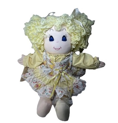Vintage Handmade 18  Kammie Doll By Lorryn Rag Doll Yellow Yarn Hair Dress Girl