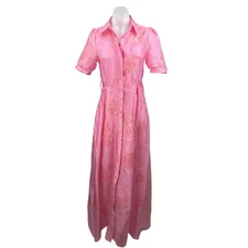 Women's Floral Jacquard Short Sleeve Button Up A Line Maxi Shirt Dress Size S