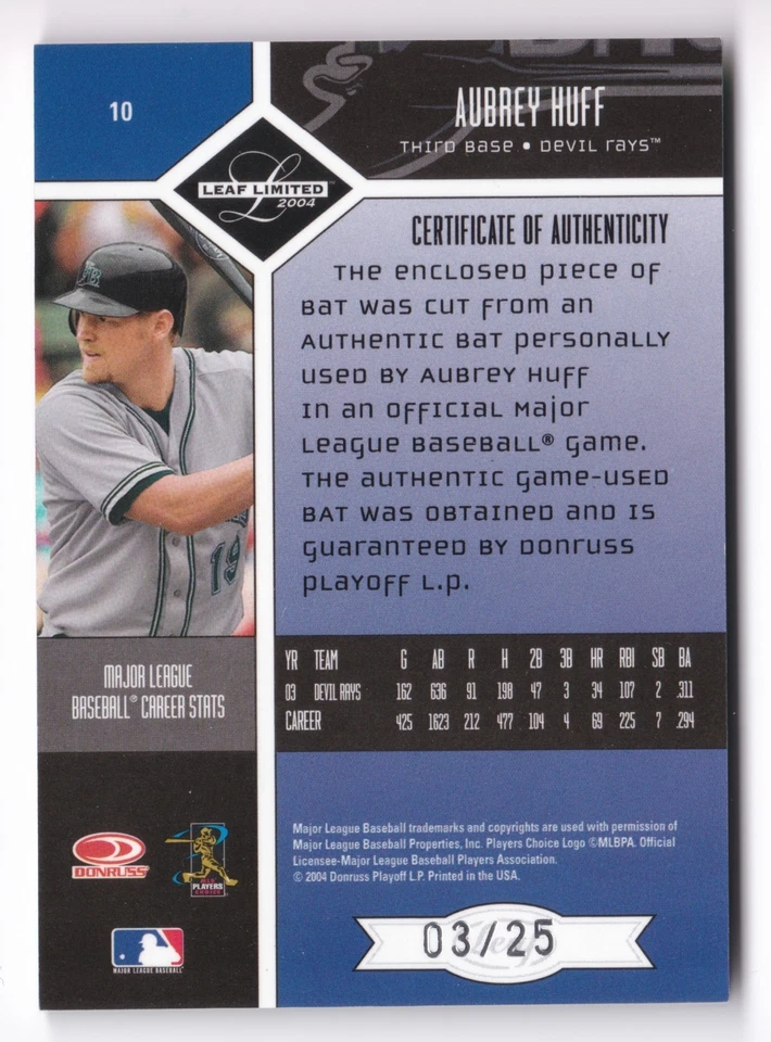 2004 Leaf Limited Aubrey Huff Auto #10 Monikers Timber Game Bat Signature #/25 - Image 2 of 2