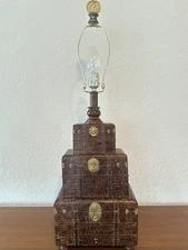 Vintage Stacked Chest / Trunk Lamp, Faux Leather And Brass Accents