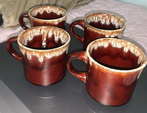 Vintage Hull Pottery Oven Proof USA Brown Drip Glaze Coffee Mugs Cups Set Of 4