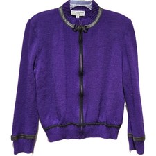 ST JOHN Knit Purple Zip Up Jacket Sweater Size 14 Evening Classic Vtg Wool Blend