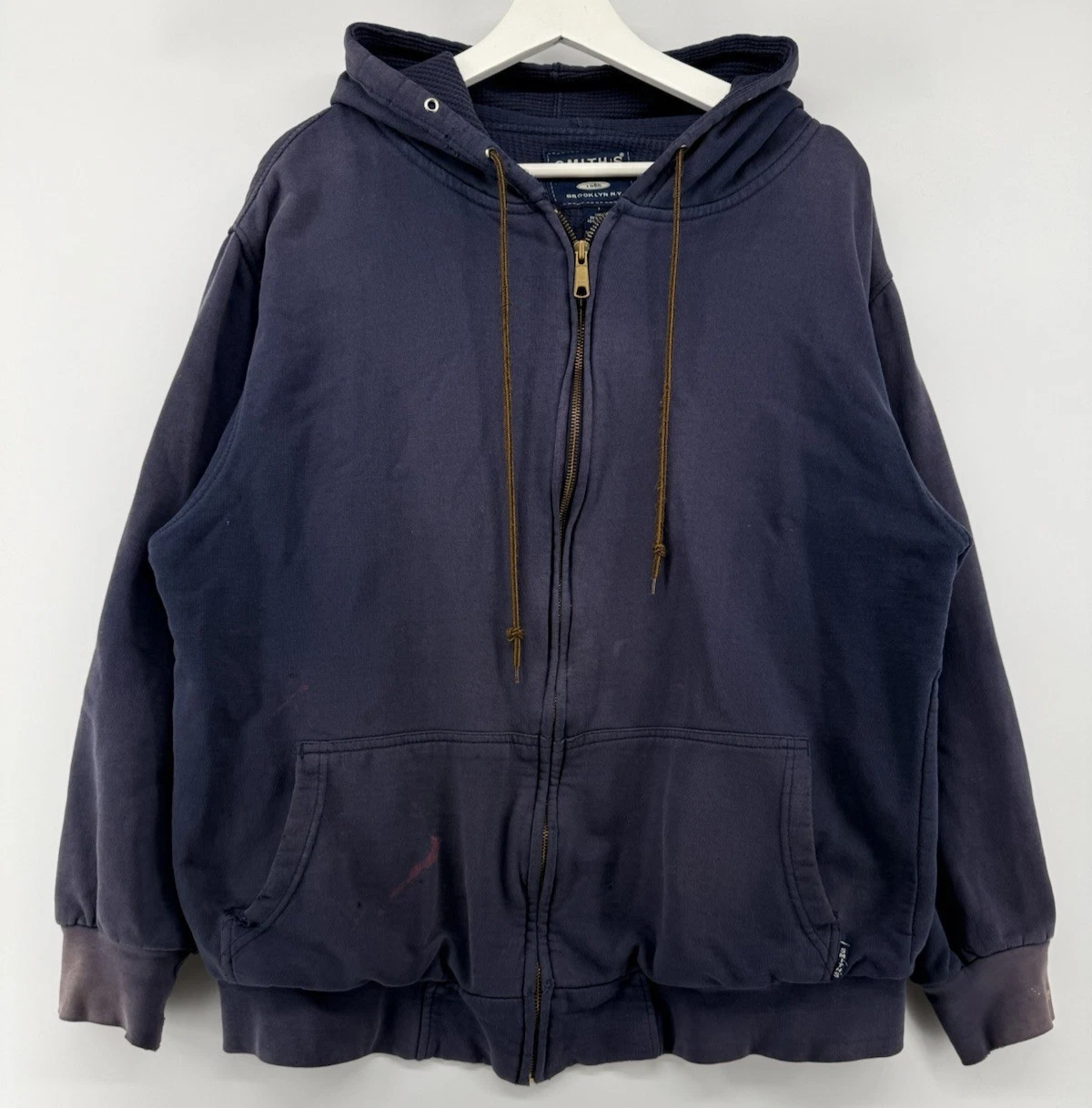 Smiths Workwear Mens Large Navy Zip Hoodie Thermal Waffle Lined Distressed