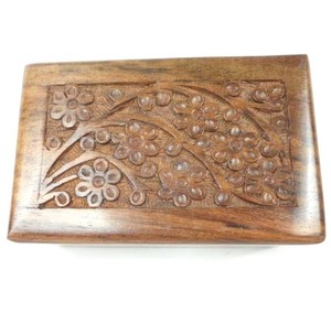 Vintage Hand Carved Floral Teak Wooden Jewelry Trinket Box Made in India 5x3