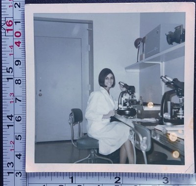 1965 Woman Scientist Laboratory Microscopes Lab Old Color Photo Snapshot