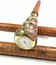Nautical Brass Twist Handle Leather  Walking Stick with Clock