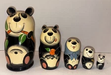 Hand Painted Wood Panda Nesting Doll Set Of 5 Lacquer Finish