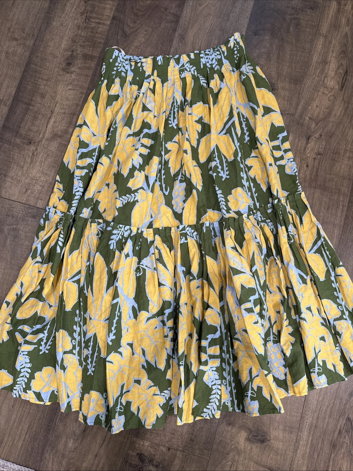 Farm Rio Yellow Green Flower Tiered Midi Skirt Linen Sz L