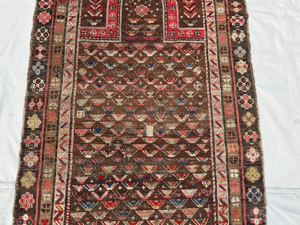 Alfombra de oración caucásica antigua de 4,8 x 3,0 pies, alfombra de lana tribal afgana anudada a mano Foto 4 de 4