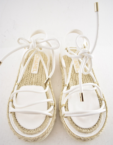 Chanel 20S White Lambskin CC Logo Mules Lace Up Tie Sandal Espadrille Flat 36 - Picture 10 of 21
