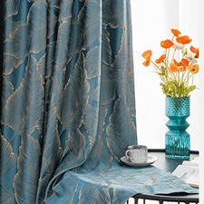Luxury Curtains Blue Jacquard Drapes 3D Gold Leaf High Precision Curtains for...
