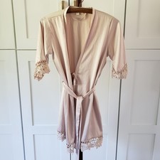 Satin Kimono Robe Girls Large Pink Lace Trim Belted Bridal Lounge Sleepwear