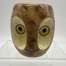 1973 VINTAGE Handmade & Painted OWL FACE MUG CUP POTTERY Signed Glori Eyes Glow!