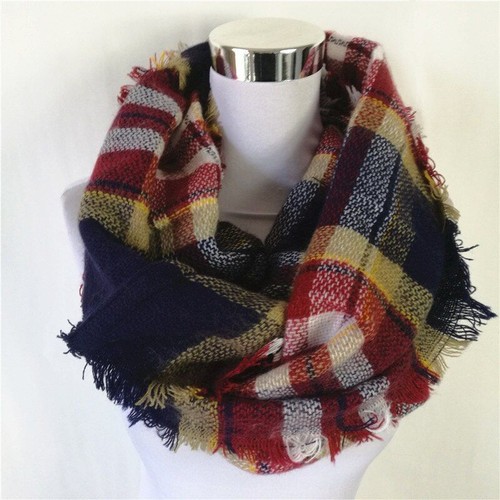 Women Infinity Scarf Plaid Blanket Scarves Acrylic Loop Tartan Neck Warmer 1Pc - Picture 25 of 26