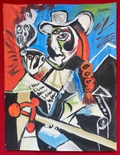 Pablo Picasso (Handmade) Drawing On old Paper Signed & Stamped Mixed Media