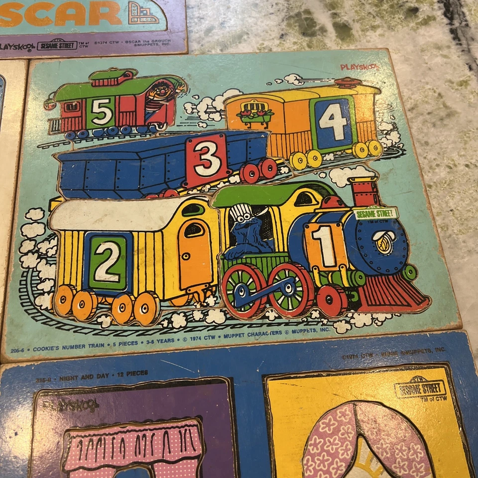 Juego de 5 rompecabezas vintage 1974 Palyskool Seame Street Oscar Big Bird Cookie EE. UU. Foto 4 de 4
