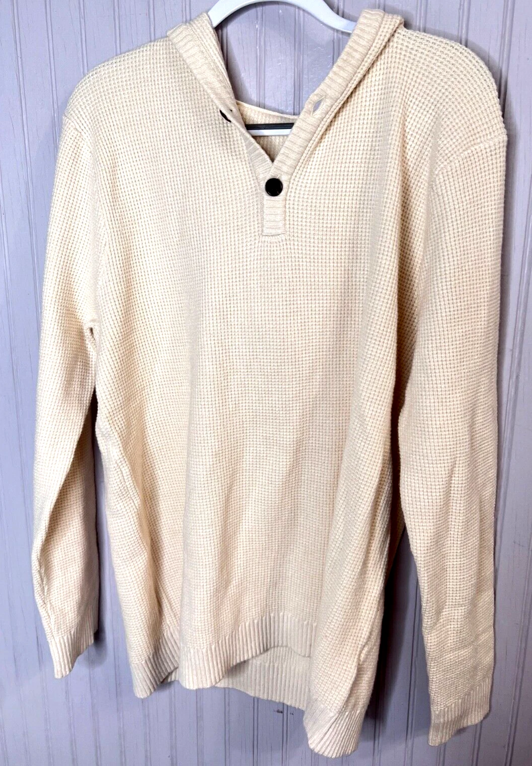 HOODIE SWEATER Mens XXL Cream Waffle Weave Henley Buttons Warm Layers NEW