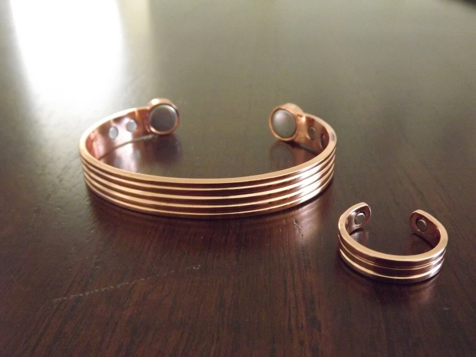 Brazalete magnético de cobre puro terapia del dolor artritis brazalete y anillo ajustable conjunto Foto 2 de 4