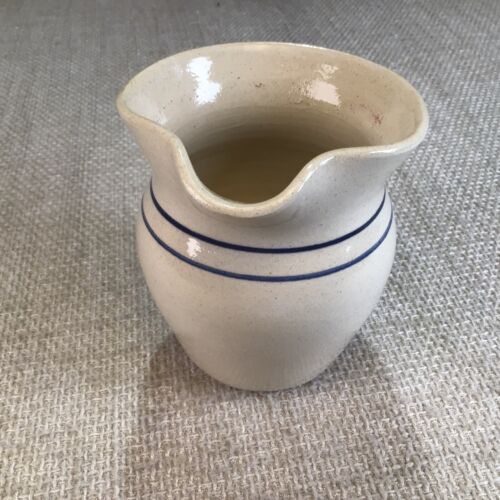 Vintage E.P. Pottery Marshall Texas Ceramic Pitcher With Double Blue Stripe 6.5" - Picture 3 of 8