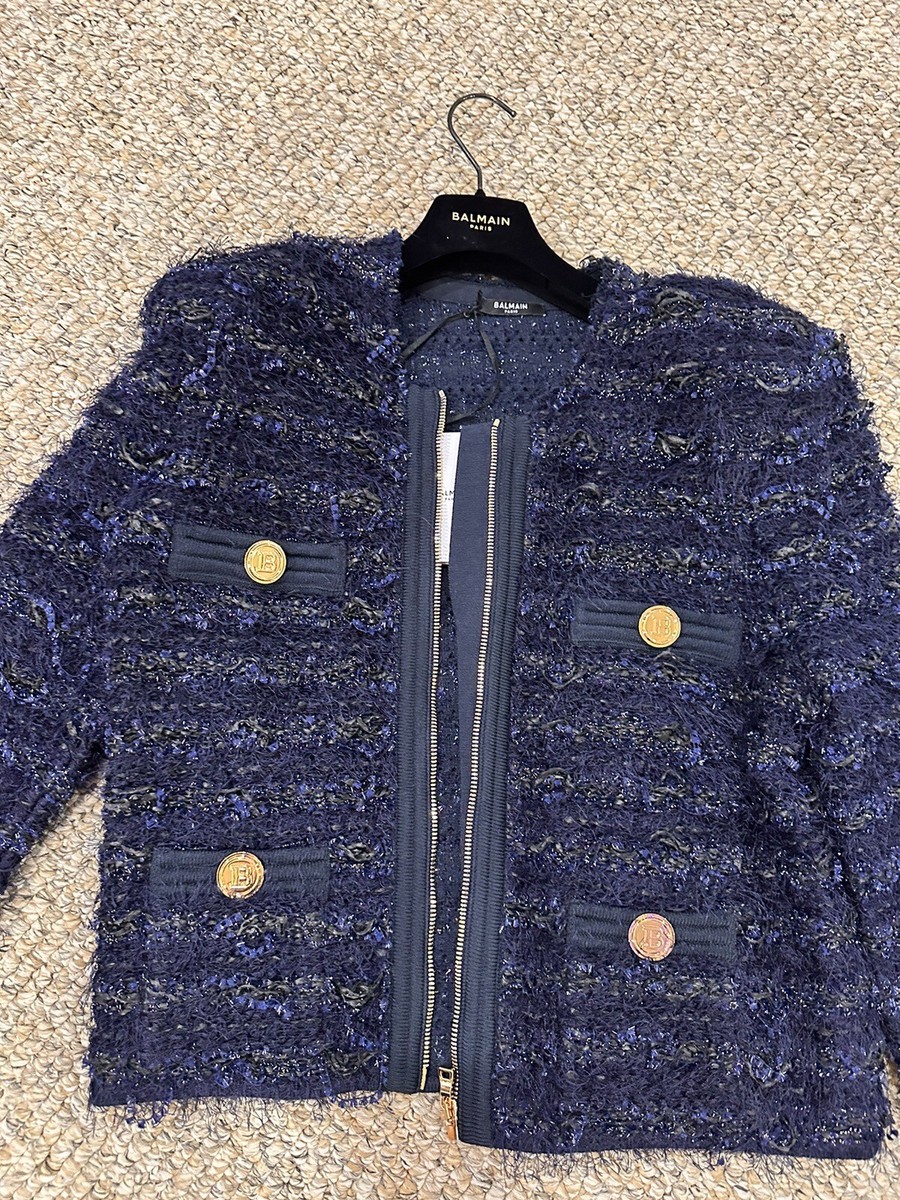 New $2750 Balmain Tweed Zip Jacket Dark Blue Size 44 With