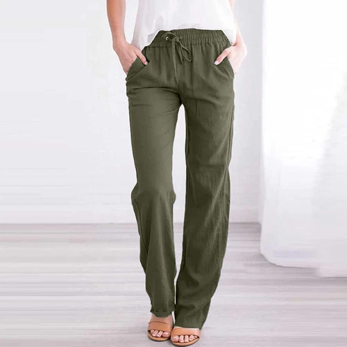 Damen Gerade Elastische Taille Hose Kordelzug Baumwolle Leinen Freizeit Lockere Hose - Bild 14 von 43