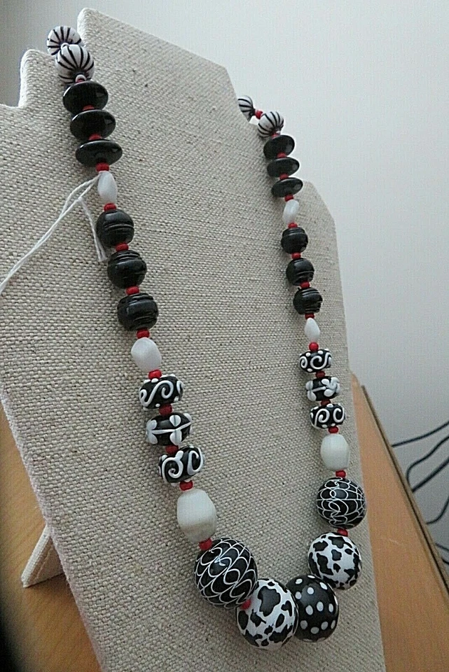 CERÁMICA Único Diseño Negro/Blanco/Rojo Collar Cuentas, Nuevo 21.5", 55 cm .Long Foto 4 de 4
