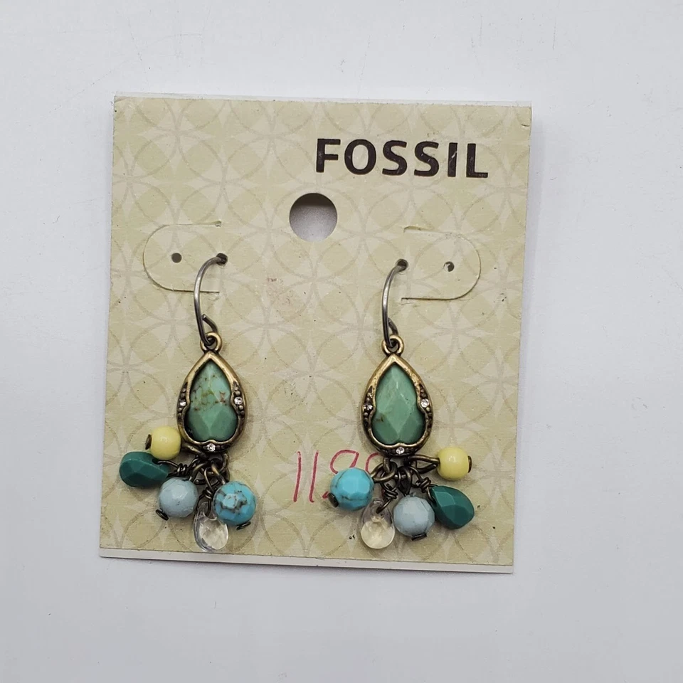 Fossil Earrings Vintage Turquoise Crystal Beaded Drop Dangle Gold Tone - Image 2 of 4