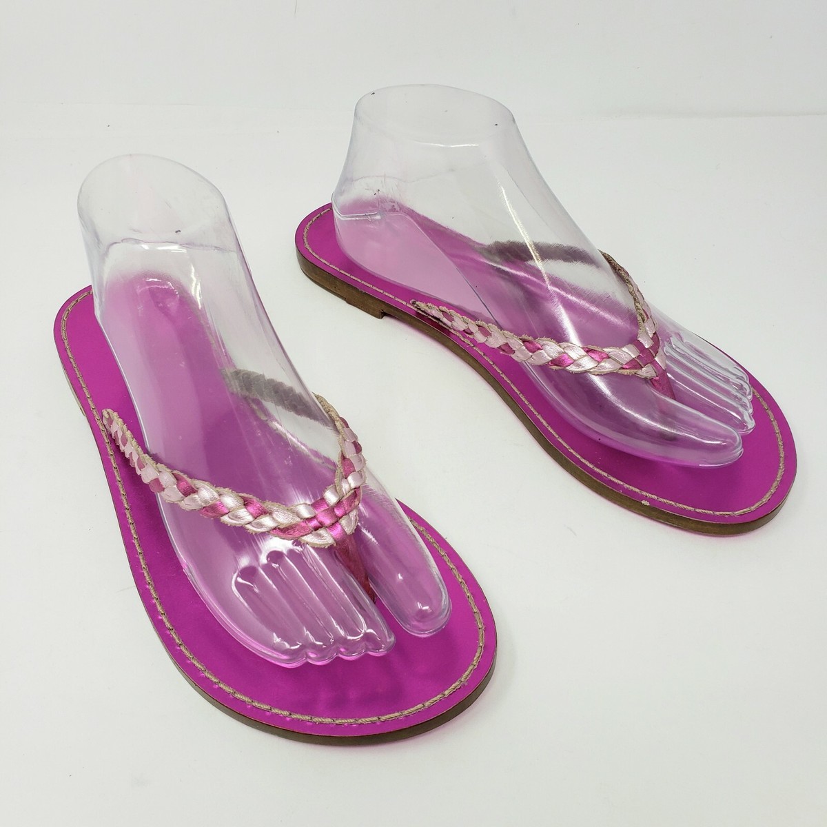 GAP Womens Metallic Fuchsia Pink Braided Silver Leather Flip Flop Thong  Sandal