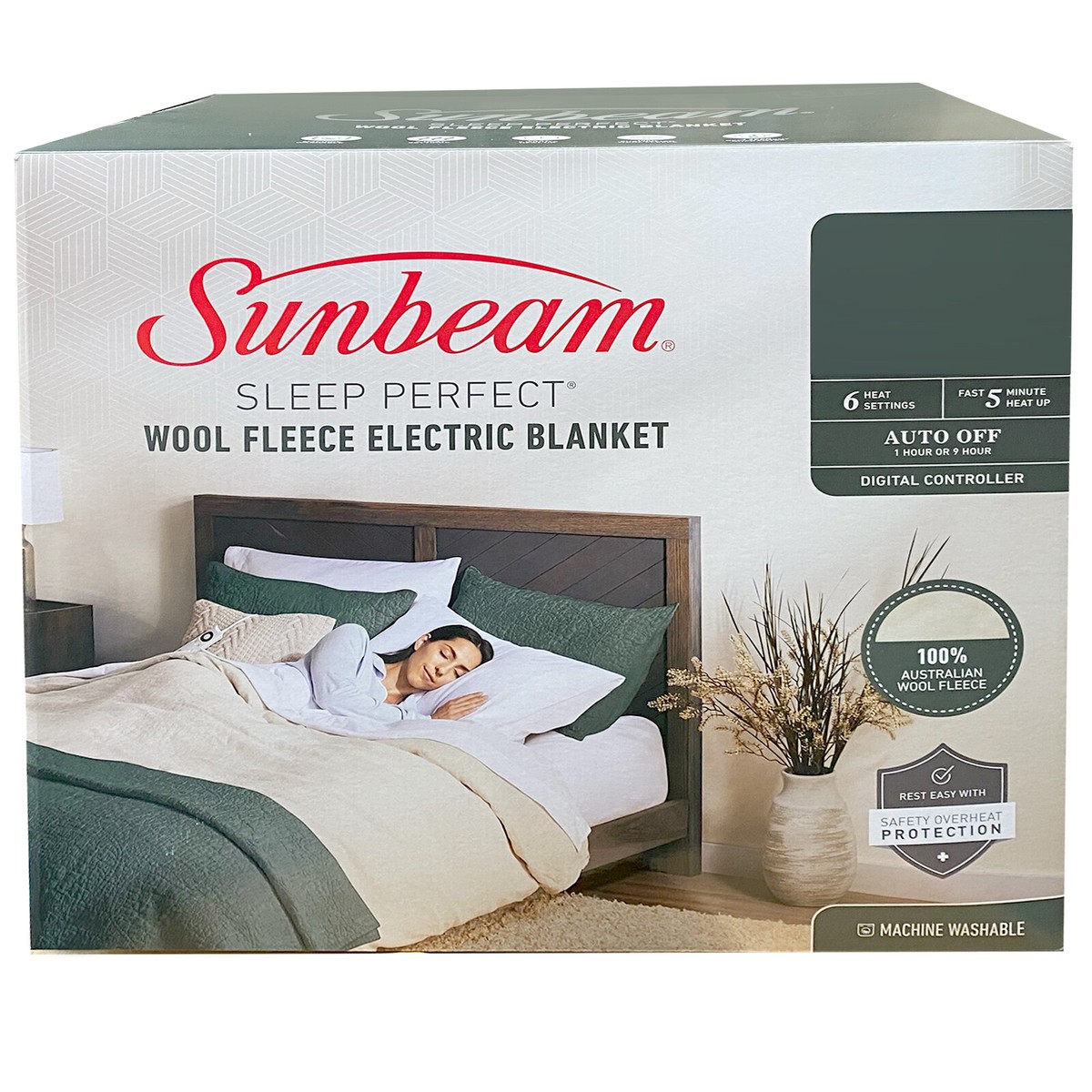 Sunbeam Fitted Size Queen Auto Shut Off Premium Electric Blanket Wool Fleece