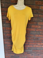 Yellow Pullover Shirt Dress Medium Stretch Short Sleeve Ruched Sides Slimming
