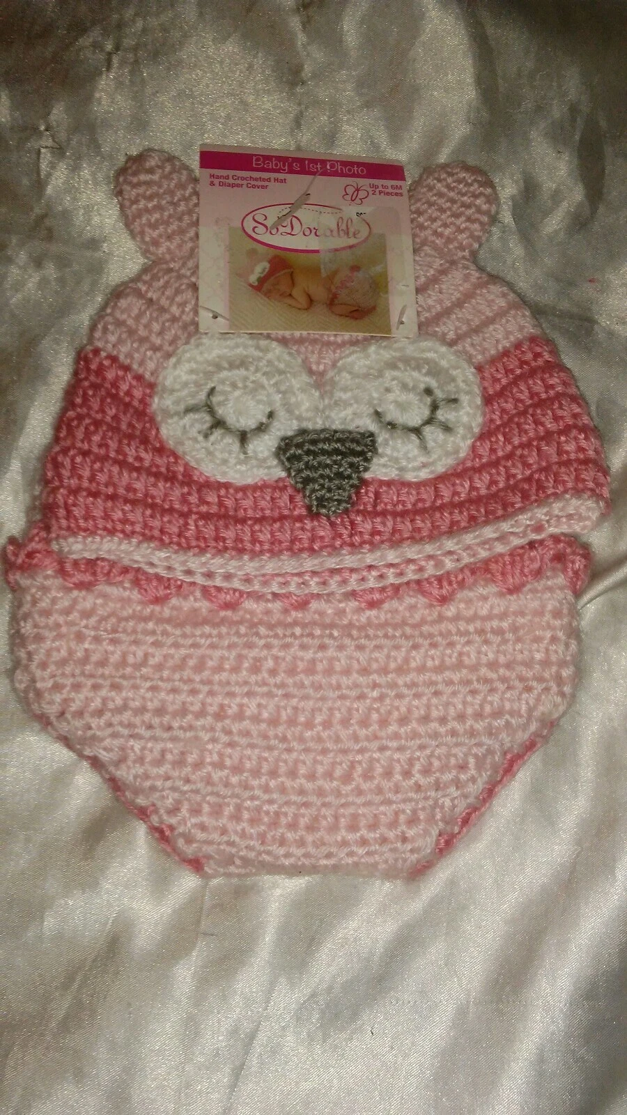 SO DORABLE PINK OWL HAND CROCHETED BABY HAT & BOTTOMS BABYS 1ST PHOTO UP TO 6 MO