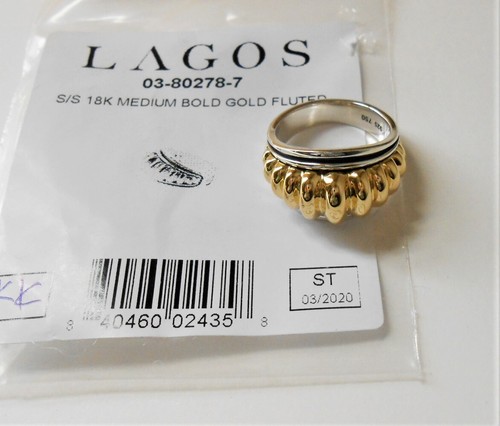 LAGOS 18K GOLD STERLING SILVER MED WIDE BOLD FLUTED RING SZ 7 RARE BNWT $1295 - Picture 11 of 12