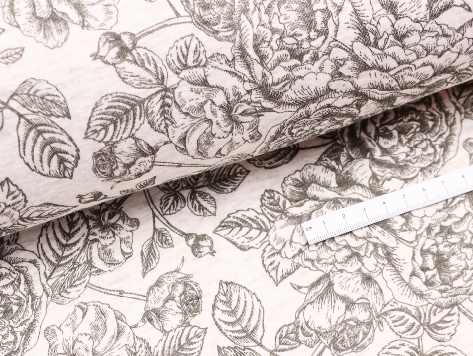 ALPENFLEECE Kuschelsweat Stoff flauschig ROSEN auf CREME GRAU EUR 17,98/m - Bild 3 von 3